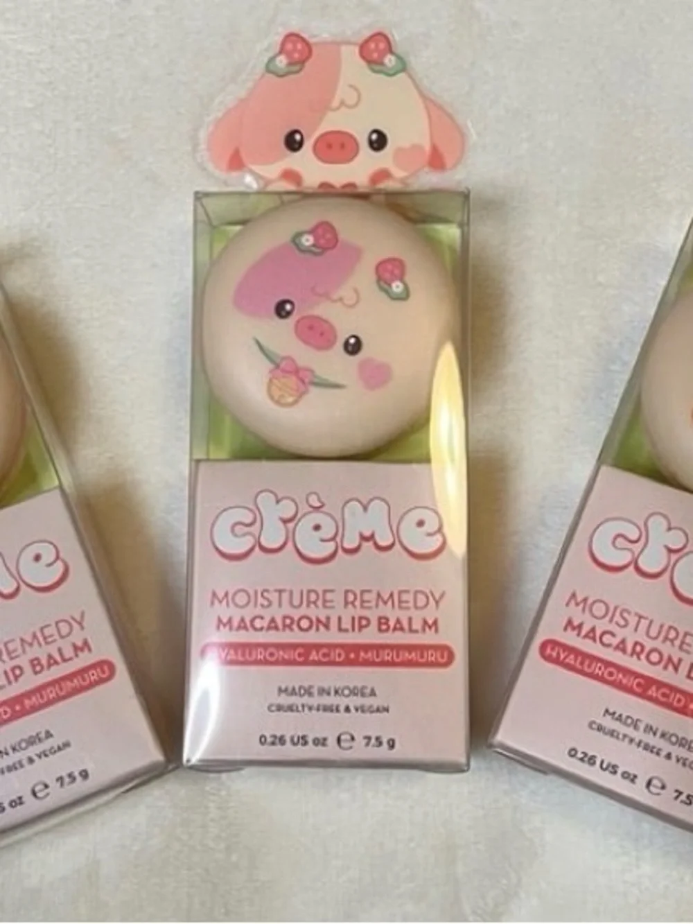 3 Crème Pink Macaron Moisture Remedy Lip Balms - Hydrating Peach Scent